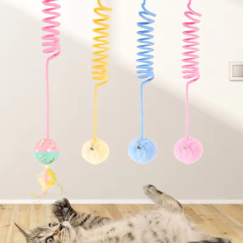Pet Sucker Spring Plush Hair Ball Feather Cat Teaser Pet Interactive Tension Spring Cat Toy Ball Cats Interactive Sports Toys